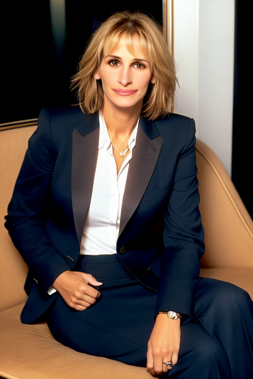 23-year-old Julia Roberts, frowning, with very short blonde hair parted to the left, wearing dark-blue business skirt suit, sitting in limo, extremely realistic, extremely detailed, extreme realism, extreme detail, extremely accurate resemblance, heavily tanned skin, bronze skin, pouty lips, smug, rich villain, stuck-up, very tan skin, heavily spray-tanned, Trumpian