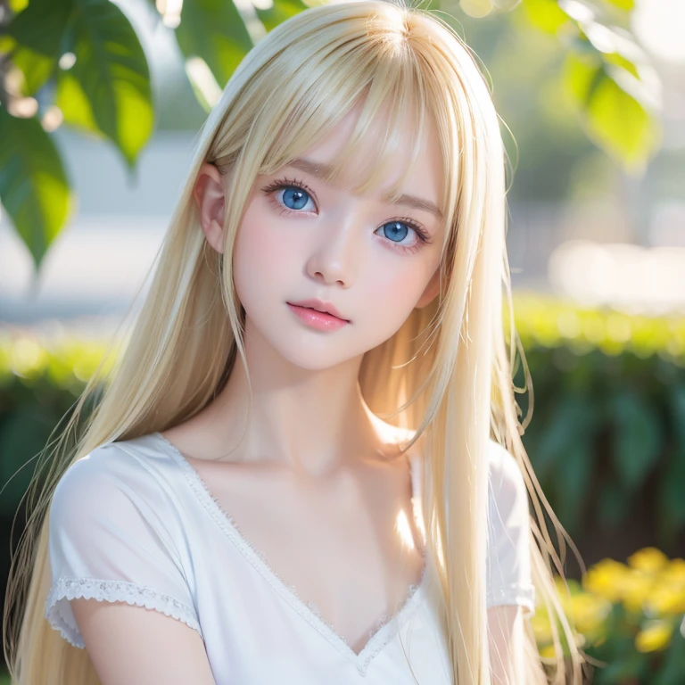  Unmatched Beauty 、Radiant white shiny skin 、 bangs between eyes、 shiny straight and beautiful blonde、 super long straight 、 silky hair、 climax eyeliner 、Sexy Beautiful Innocent 、 bright and very bright light large cyan eyes、Very whitish bright iris 、 beautiful and adorable girl 、 baby face、 short sleeve shirt、Round face、Age 15、A stunning blonde beauty、