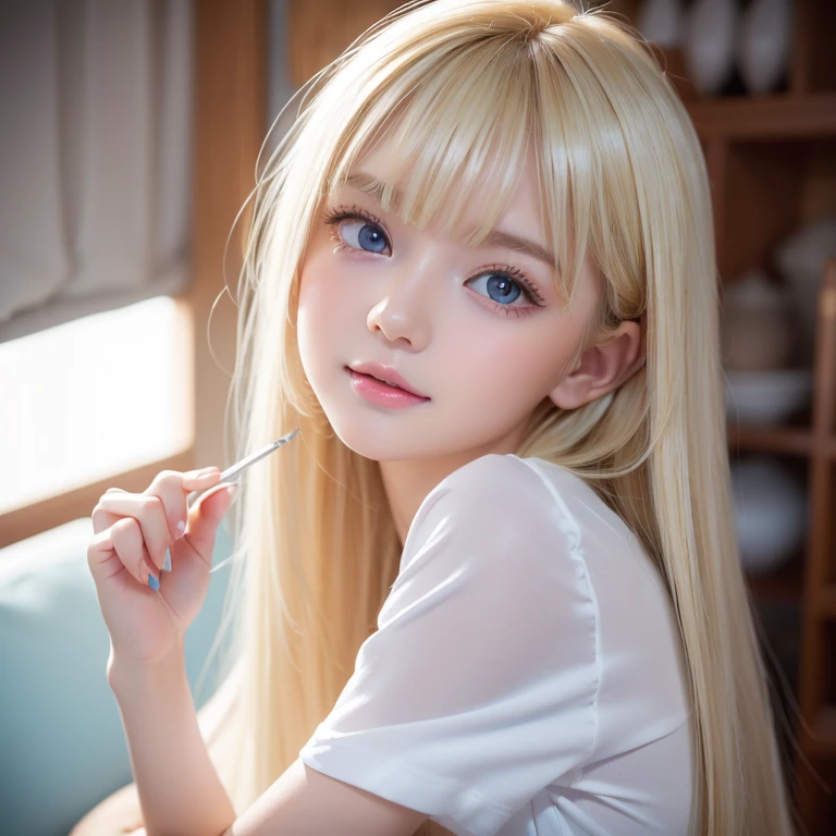  Unmatched Beauty 、Radiant white shiny skin 、 bangs between eyes、 shiny straight and beautiful blonde、 super long straight 、 silky hair、 climax eyeliner 、Sexy Beautiful Innocent 、 bright and very bright light large cyan eyes、Very whitish bright iris 、 beautiful and adorable girl 、 baby face、 short sleeve shirt、Round face、Age 15、A stunning blonde beauty、