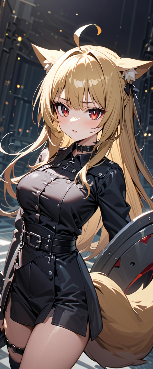 (high-quality, breathtaking),(expressive eyes, perfect face) 1girl, female, solo, maomao, cowboy shot, medium full shot, blonde hair color, long hair, alluring red eyes, Large breasts, fox ears, fox tail, small Ahoge, Knight Attire, Sword and shield, black shorts, looking towards viewer, HD, High quality image, dusty particles floating around, black choker, black collar with spikes, goth girl, goth aesthtic
