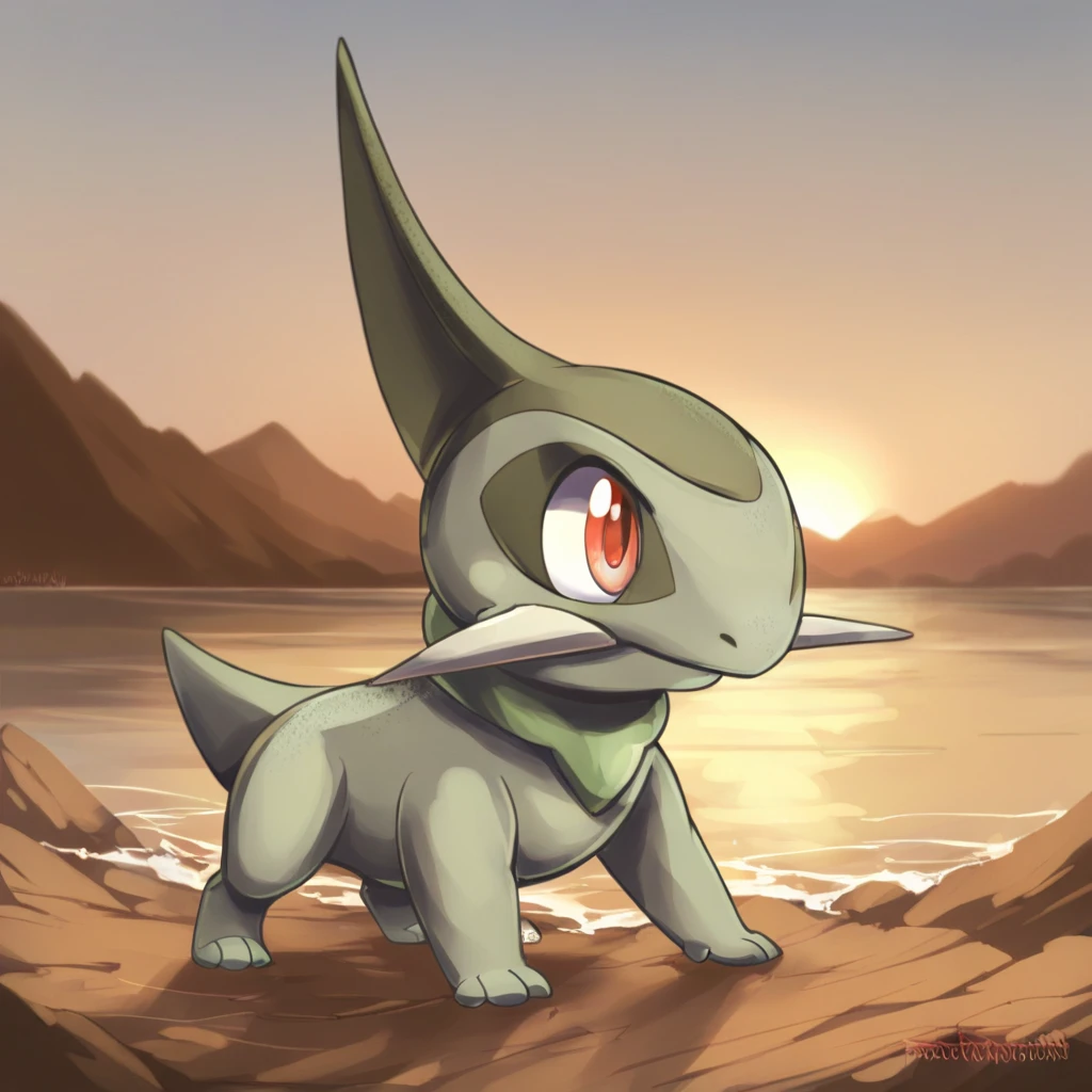 Axew, Pokémon, feral, red eyes, reeds, sunset, beautiful, outstanding, nibbling,