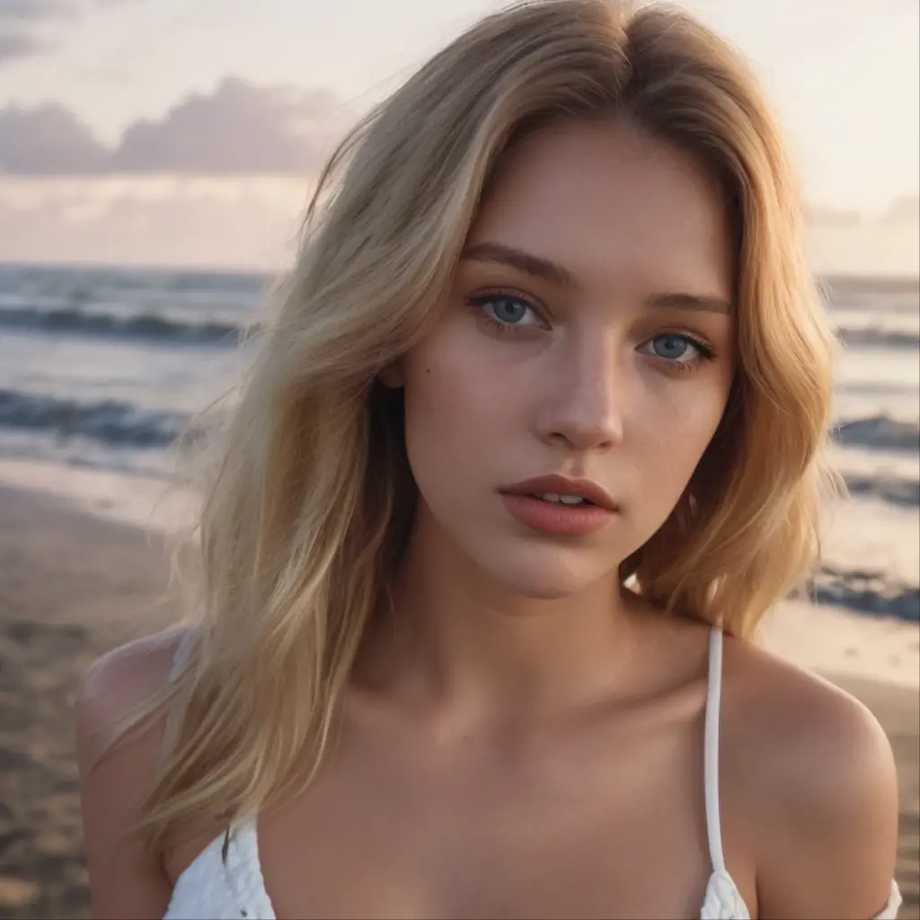 Beautiful skinny girl, elongated face and thin chin, freckles, blonde, blue eyes, red lipstick, beautiful makeup, white skin, bikini , just face , in the beach , ponytail hair