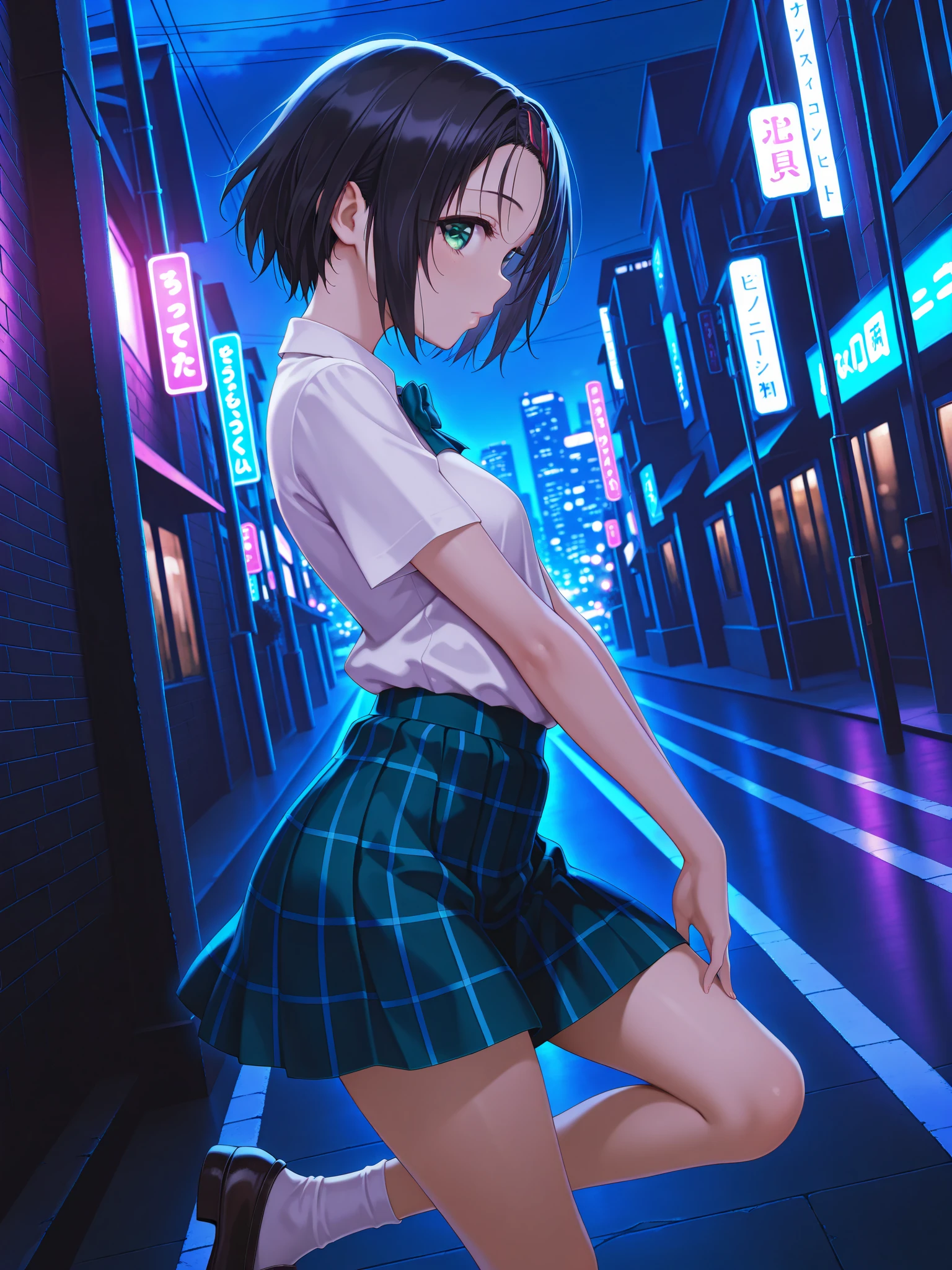 masterpiece,best quality,amazing quality,solo,1girl,
h_clip,black hair,green eyes,h_clothes,short sleeve blouse,school uniform,blue plaid skirt,white socks,loafers,
profile,looking_at_viewer,city,street,night,dynamic_angle,cinematic_angle,cowboy_shot,