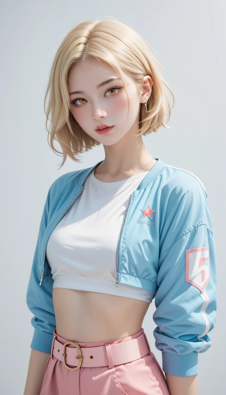 (masterpiece,  best quality )   Details, 1 character ,   Blue Archival Art Style   ,   check shirt   ****  blue jacket,  pink belt  , BLACKPINK-inspired outfits,  crop top, Amazingly Beautiful Woman  ,  short hair  , Blonde ,  orange eyes ,  no students who hold lightning  ,  pink lips ,  blue-white skin , ￼26 years old,  , Faded pastel colors ,  cell shade  ,