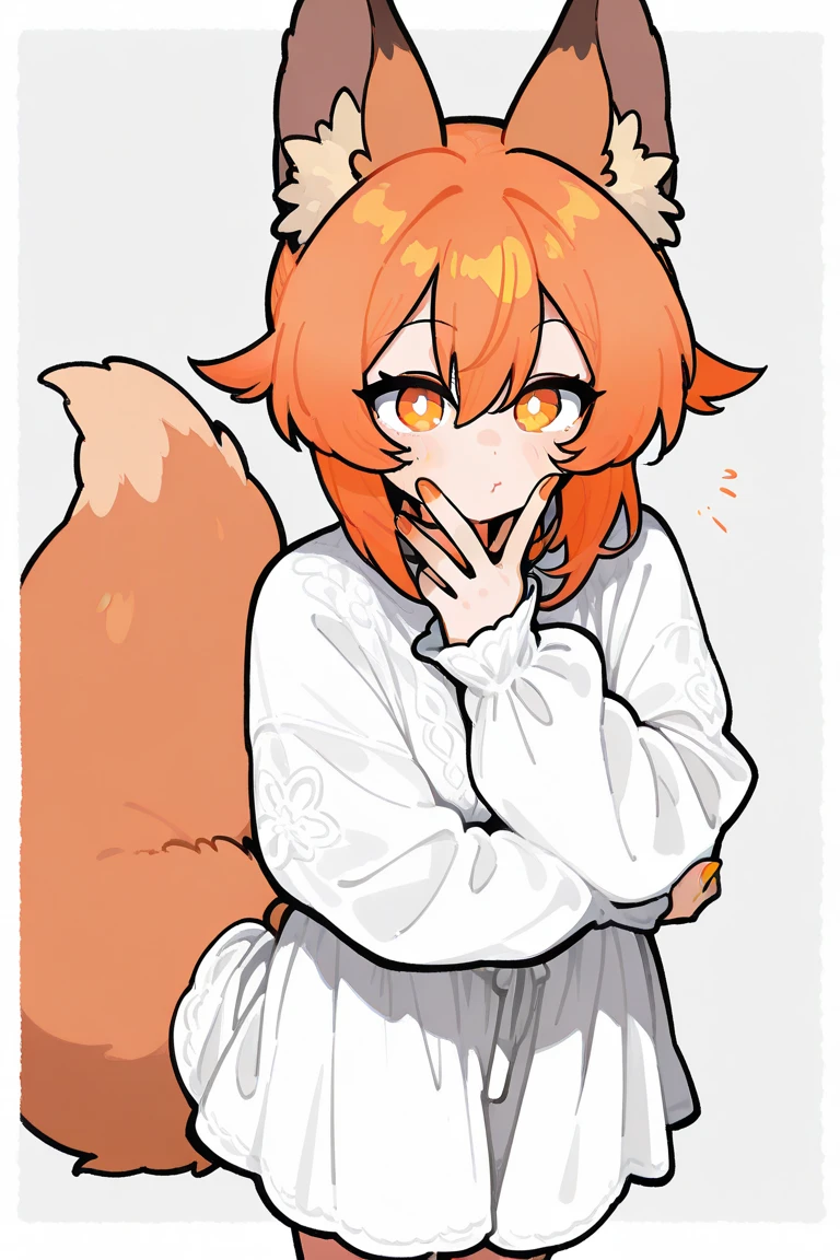 female, long orange-bronze hair and orange eyes with 4-point stars in them, orange nails, wearing orange and white clothes, fox ears and tail