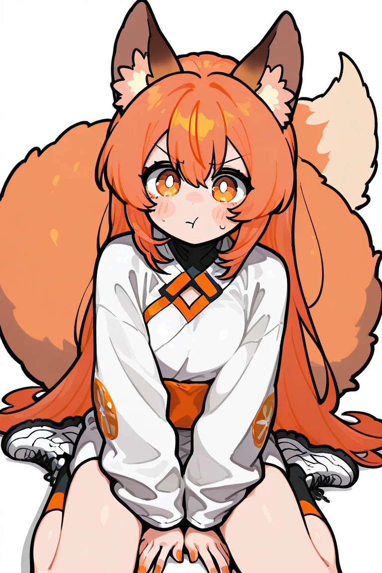 female, long orange-bronze hair and orange eyes with 4-point stars in them, orange nails, wearing orange and white clothes, fox ears and tail