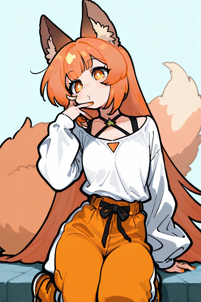 female, long orange-bronze hair and orange eyes with 4-point stars in them, orange nails, wearing orange and white clothes, fox ears and tail