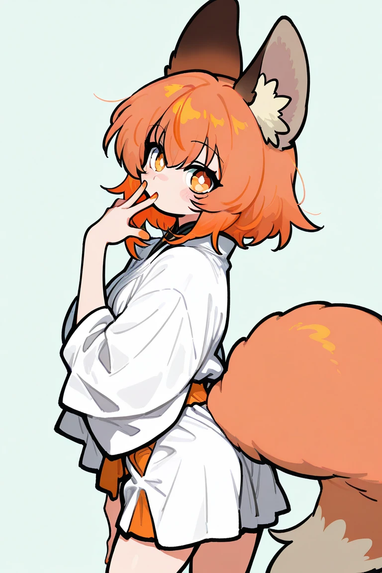 female, long orange-bronze hair and orange eyes with 4-point stars in them, orange nails, wearing orange and white clothes, fox ears and tail