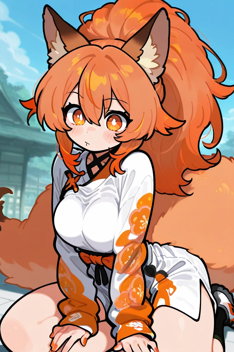 female, long orange-bronze hair and orange eyes with 4-point stars in them, orange nails, wearing orange and white clothes, fox ears and tail