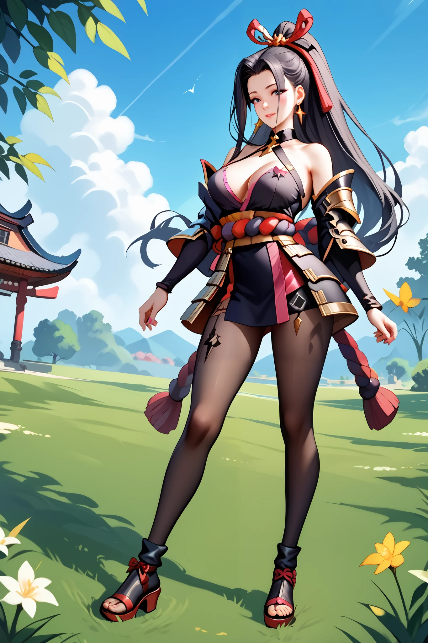Masterpiece, extremely detailed,4k,solo,1girl,hanabi,perfect slim body, stand up,ambarrased, black ponytail hair ,long legs ,perfect slim body,large breasts, ((kawai face)),embarassed ekspression, cowboy shoot,((grass))