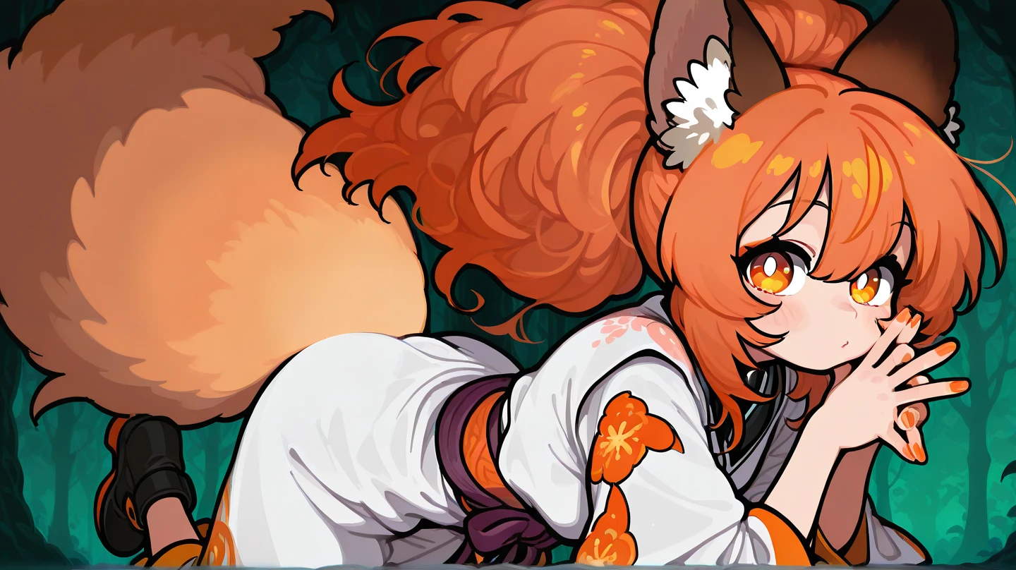 female, long orange-bronze hair and orange eyes with 4-point stars in them, orange nails, wearing orange and white clothes, fox ears and tail, mystical forest background