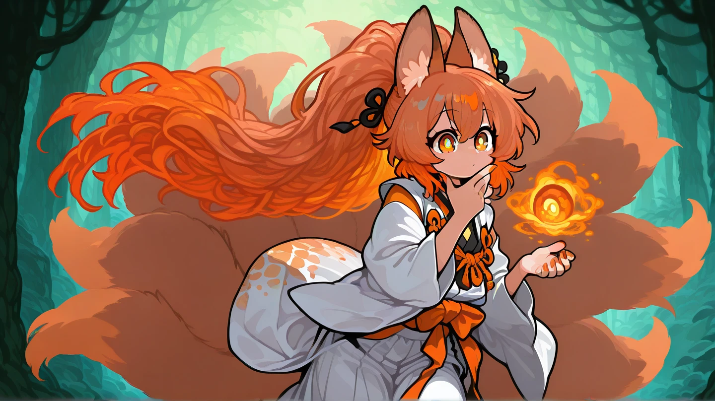 female, long orange-bronze hair and orange eyes with 4-point stars in them, orange nails, wearing orange and white clothes, fox ears and tail, mystical forest background