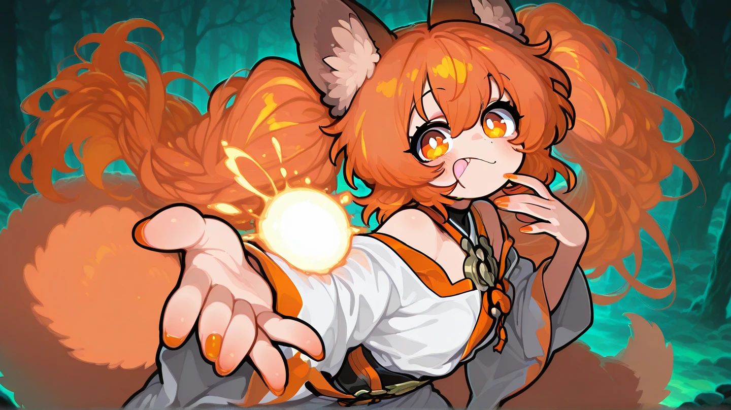 female, long orange-bronze hair and orange eyes with 4-point stars in them, orange nails, wearing orange and white clothes, fox ears and tail, mystical forest background