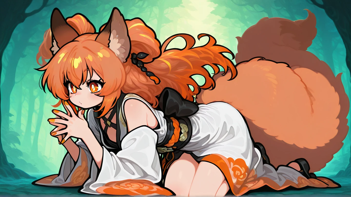 female, long orange-bronze hair and orange eyes with 4-point stars in them, orange nails, wearing orange and white clothes, fox ears and tail, mystical forest background