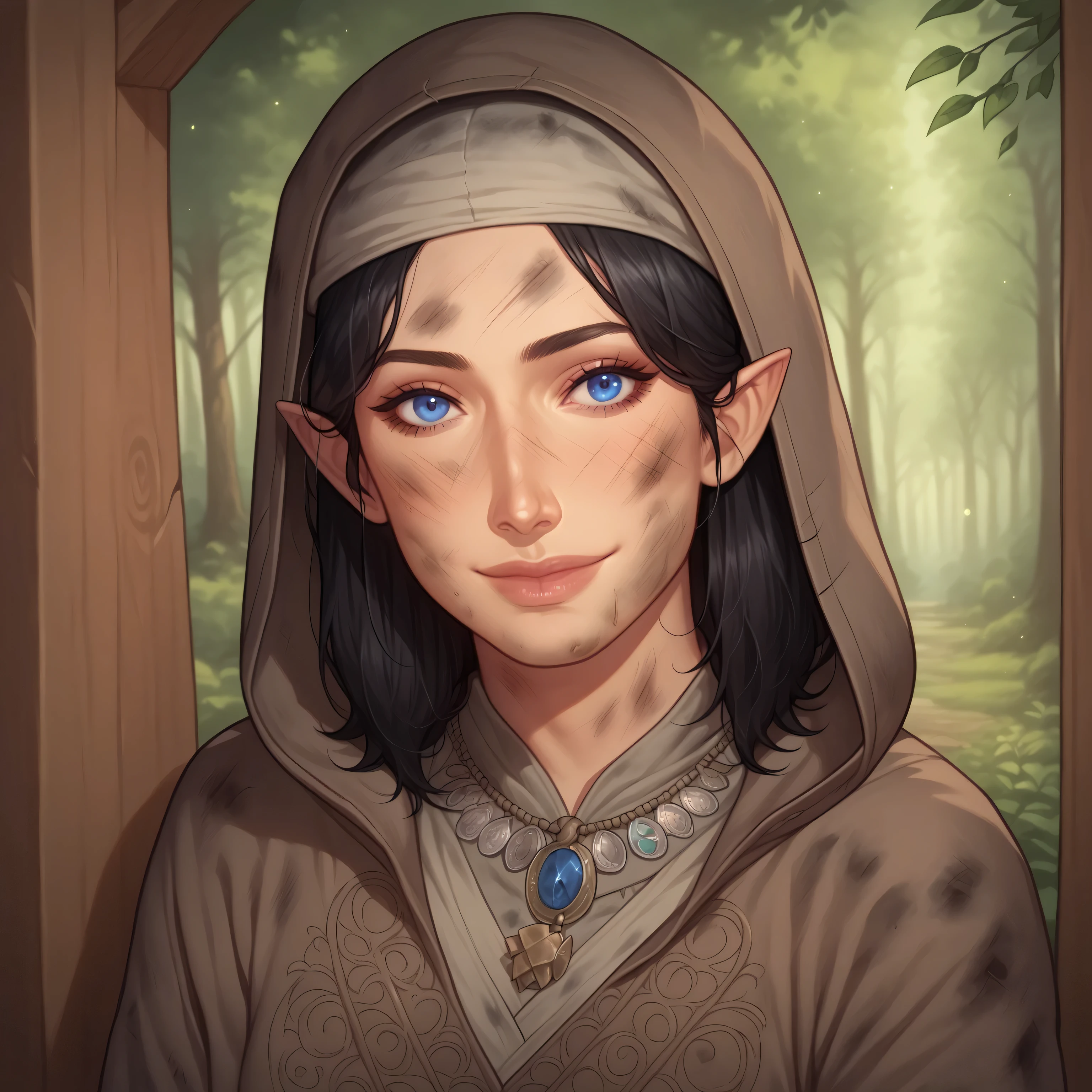 (((beautiful, high quality, comics style, detailed face))), score_9, score_8_up, score_7_up, BREAK, 1girl, human, (duxlipa), ((Franciscan monk robe, brown robe, hood up)), small pointed ears, black hair, blue eyes, simple pendant, dirty clothes, smile, docile, female focus, solo:1.4, portrait, upper body, portrait, looking at the viewer, forest background, fantasy, blurred background, Expressiveh, detailxl, DeepNegative_xl_v1, zPDXL3