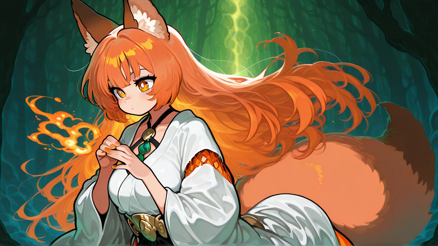 female, 5 fingers on each hand, long orange-bronze hair and orange eyes with 4-point stars in them, orange nails, wearing orange and white clothes, fox ears and tail, mystical forest background