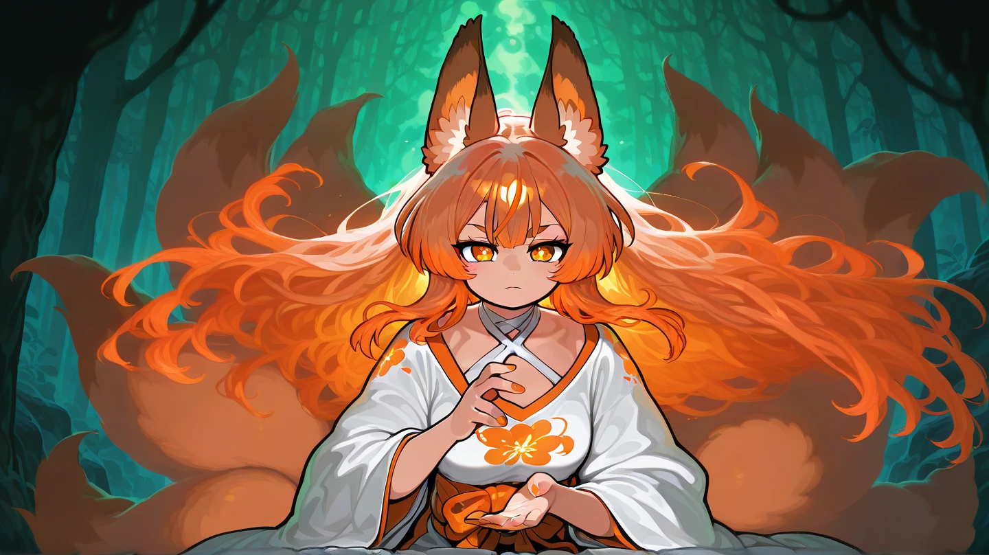 female, 5 fingers on each hand, long orange-bronze hair and orange eyes with 4-point stars in them, orange nails, wearing orange and white clothes, fox ears and tail, mystical forest background