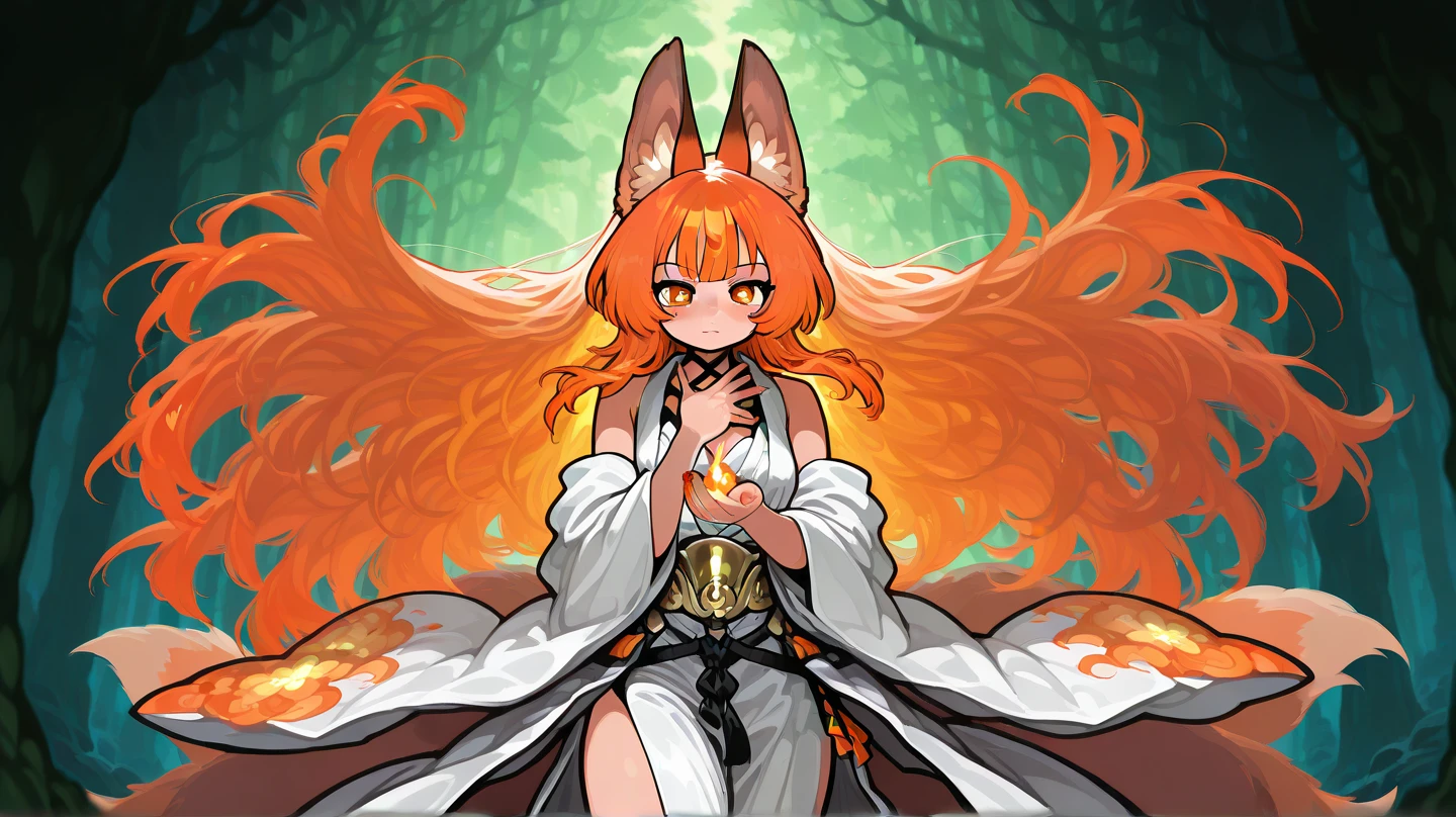 female, 5 fingers on each hand, long orange-bronze hair and orange eyes with 4-point stars in them, orange nails, wearing orange and white clothes, fox ears and tail, mystical forest background