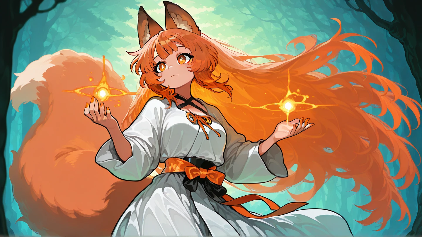 female, 5 fingers on each hand, long orange-bronze hair and orange eyes with 4-point stars in them, orange nails, wearing orange and white clothes, fox ears and tail, mystical forest background