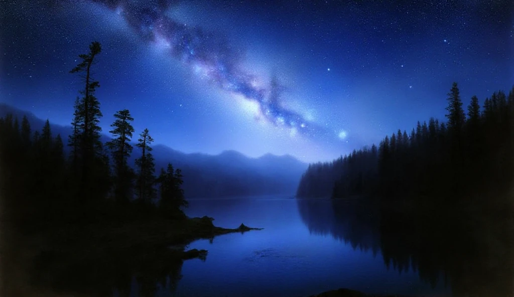 A breathtaking nocturnal painting of a serene lake surrounded by a dense forest, under a dazzling starry sky. The Milky Way is vividly visible, stretching across the sky in luminous detail with shades of blue, purple, and white. The lake reflects the celestial beauty above, creating a mesmerizing mirror effect. The forest is dark, with silhouettes of tall trees framing the scene, adding depth and mystery. The atmosphere is tranquil, evoking a sense of wonder and connection to the cosmos.