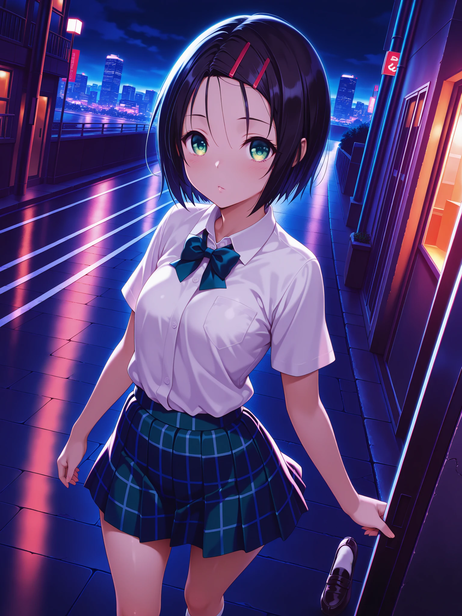 masterpiece,best quality,amazing quality,solo,1girl,
h_clip,black hair,green eyes,h_clothes,short sleeve blouse,school uniform,blue plaid skirt,white socks,loafers,looking_at_viewer,city,street,night,dynamic_angle,cinematic_angle,cowboy_shot,