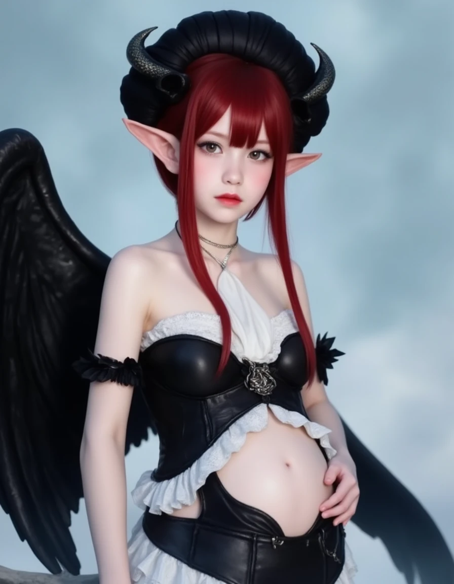 1 girl, red hair, elf ears, maid outfit showing stomach, bat wings, devil hair accessories