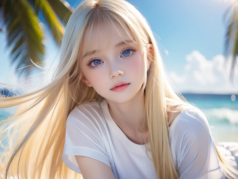 very beautiful face、Beautiful, extremely long blonde hair dancing in the strong wind、Bangs swaying between eyes、12 year old cute bright blue big eyed blonde girl、very big eyes、hair above eyes、片hair above eyes、hair between eyes、small face beautiful girl、cheek gloss highlight、Extremely pure white skin、round face
