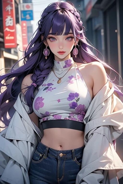((best quality)), ((masterpiece)), (detailed), 1girl, sexy, elf, purple hair, medium hair, pointy ears, eyewear on head, wearing white tank top, cargo pants, on street, Midsummer, strong sunlight, Large Breasts, Tattoo on left arm