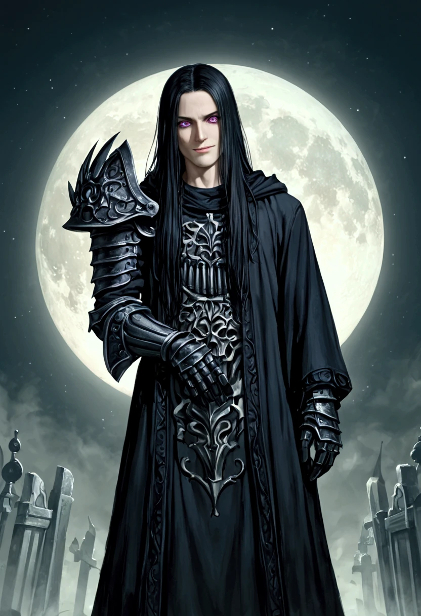 1boy +juvenile features +gothic theme +unnaturally pale skin +manic grin +smile +purple eyes +wide eyes +black hair +long hair +black robe +hooded robe +black metal shoulder-pauldrons with gothic motifs +black metal armor +black metal greaves +black metal gauntlets +black metal boots +triumphant pose +grave yard +tombstones +moon light +night +desecrated graves