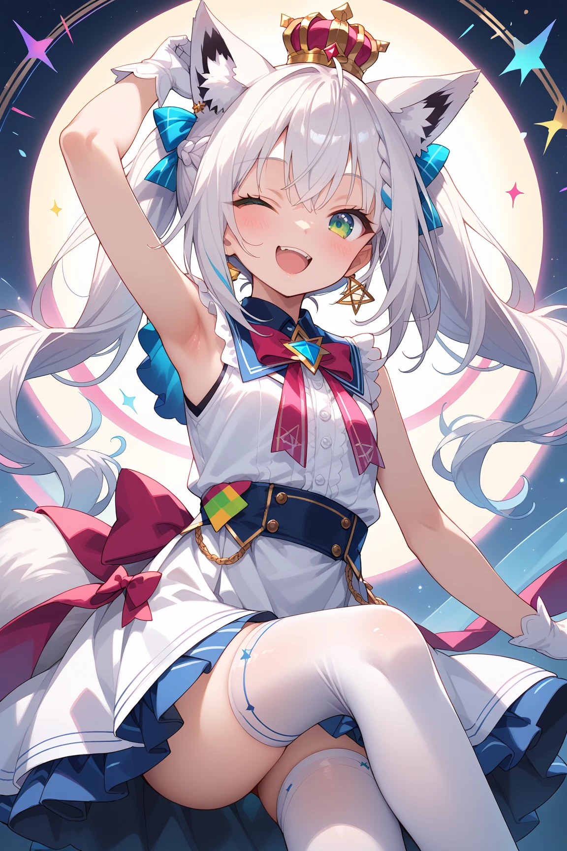 Silver Hair　Magical girl　Tattered　Long Hair　Blue eyes　mini skirt　High Knee Socks　young