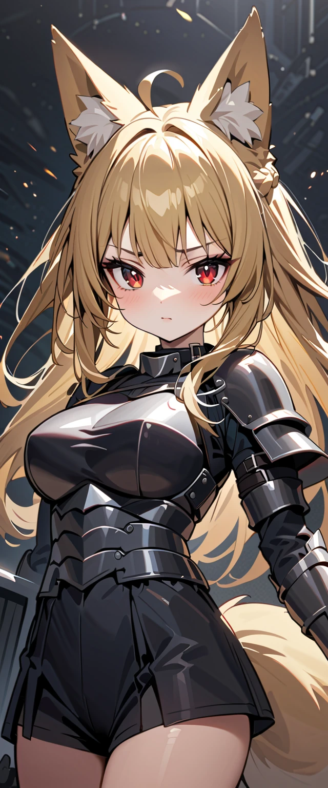 (high-quality, breathtaking),(expressive eyes, perfect face) 1girl, female, solo, maomao, cowboy shot, medium full shot, blonde hair color, long hair, extremely long twintail hairstyle, alluring red eyes, Large breasts, fox ears, fox tail, small Ahoge, Knight Attire, Armor on arm, gun metal armor, Sword and shield, black shorts, looking towards viewer, HD, High quality image, dusty particles floating around, black choker, black collar with spikes, goth girl, goth aesthtic, small gauntlet
