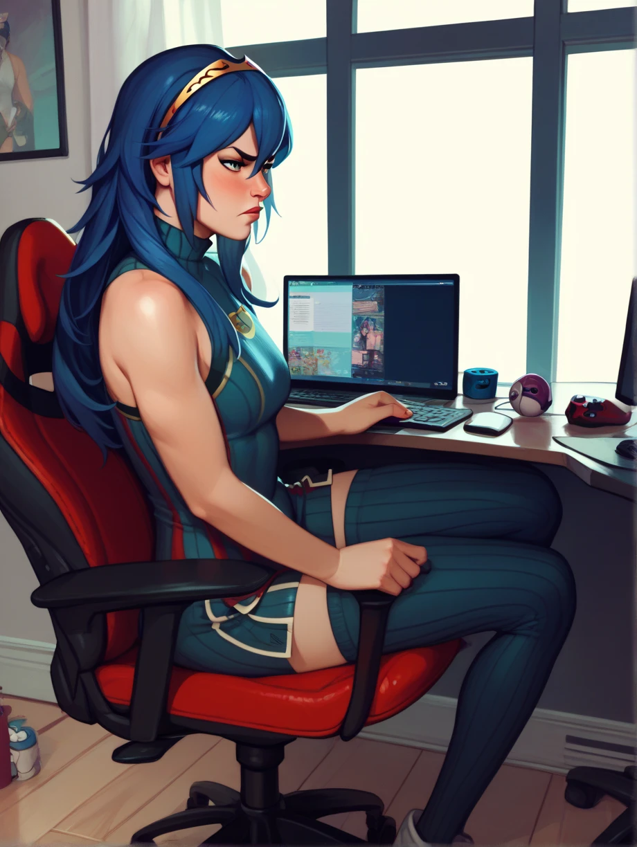 Lucina, thinking,  serious expression ,  in front of a computer ,  sitting in a gamer chair,  in his room ,  next to a window.
