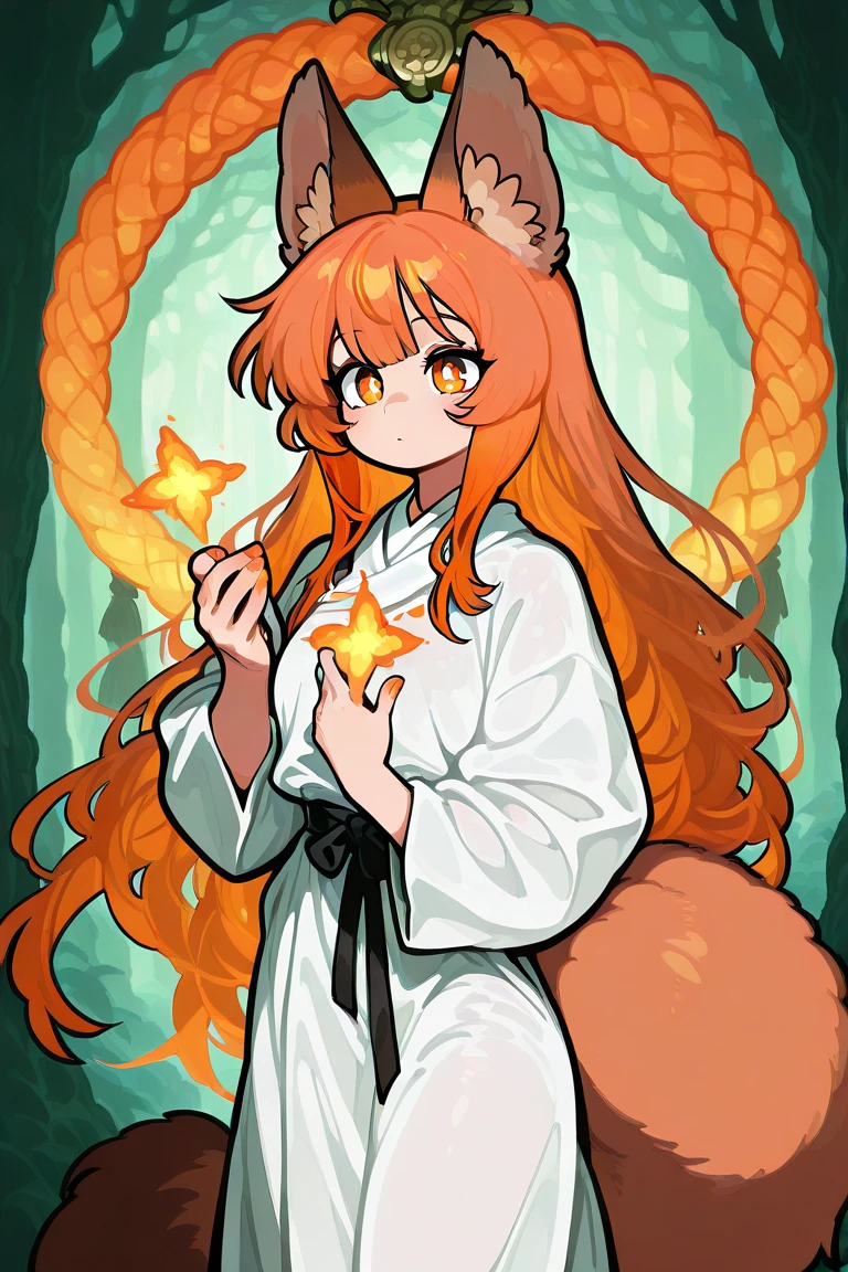 female, 5 fingers on each hand, long orange-bronze hair and orange eyes with 4-point stars in them, orange nails, wearing orange and white clothes, fox ears and tail, mystical forest background