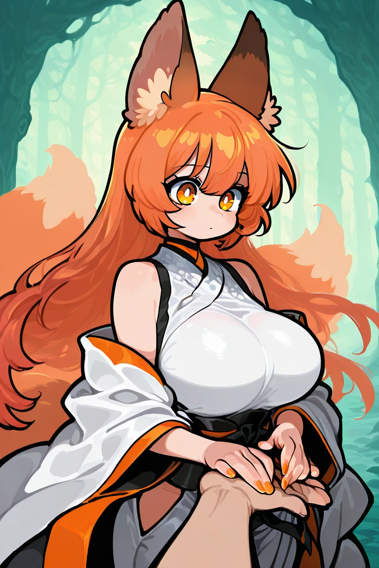 female, 5 fingers on each hand, long orange-bronze hair and orange eyes with 4-point stars in them, orange nails, wearing orange and white clothes, fox ears and tail, mystical forest background