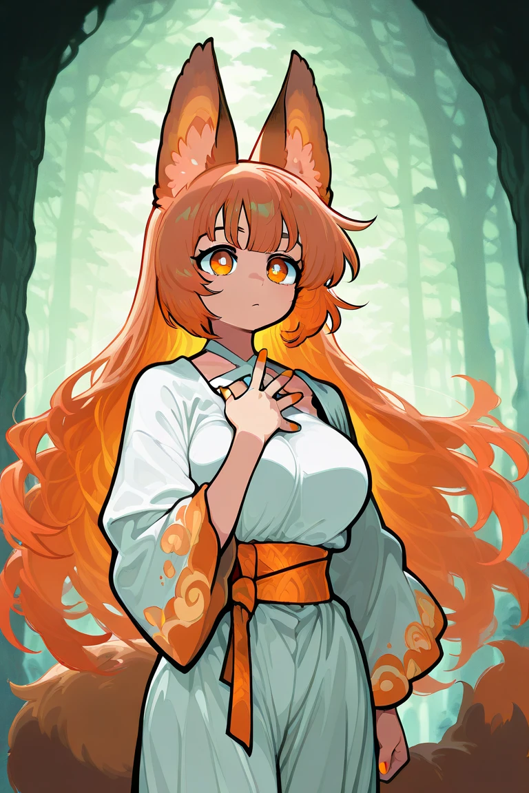 female, 5 fingers on each hand, long orange-bronze hair and orange eyes with 4-point stars in them, orange nails, wearing orange and white clothes, fox ears and tail, mystical forest background