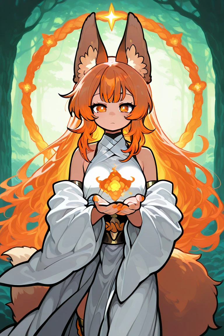 female, 5 fingers on each hand, long orange-bronze hair and orange eyes with 4-point stars in them, orange nails, wearing orange and white clothes, fox ears and tail, mystical forest background