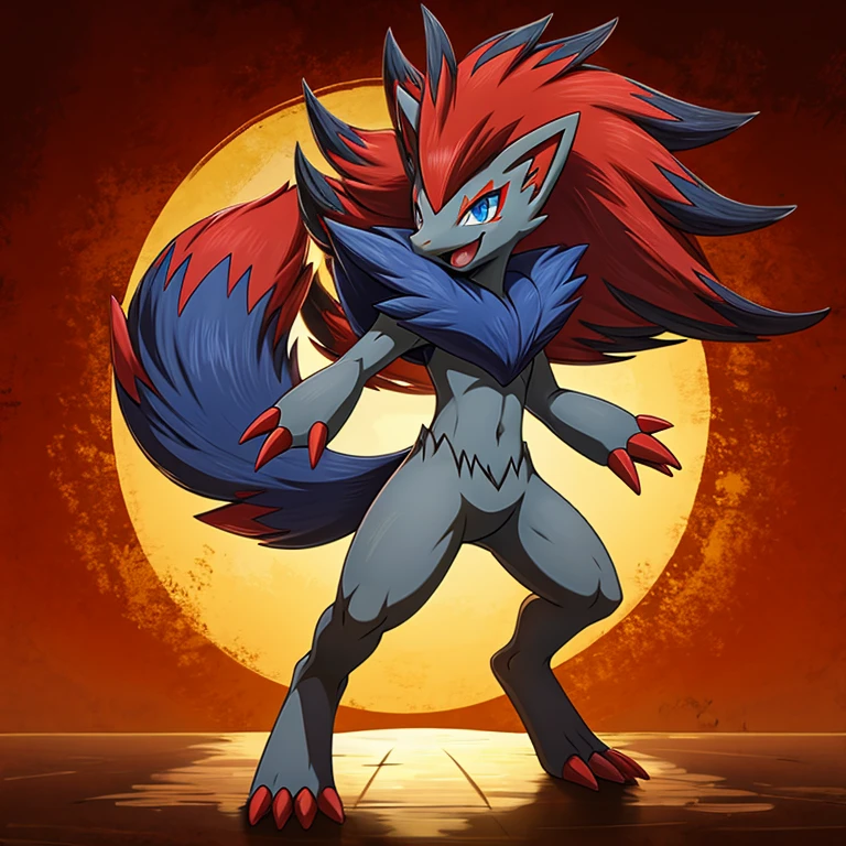 (masterpiece, best quality:1.2),solo,zoroark \(pokemon\),pokemon \(creature\),full body,no humans,blue eyes,claws,closed mouth,happy,smile,long hair,looking at viewer,red hair,grey fur