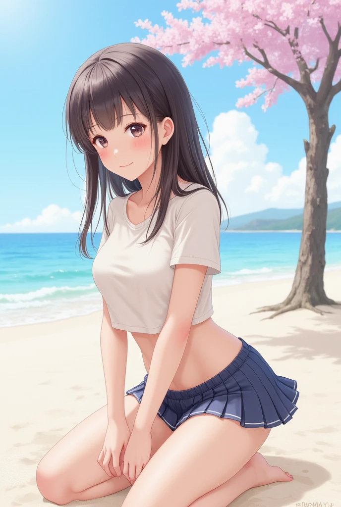 {Highest quality], [Super beautiful], [Ultra fine], [Best illustration], NSFW,Brown Hair, Hime cut,Bangs,girl,,uniform,knit cardigan,Short sleeve,skirt,smile, blush, Slender women,Standing posture,At the Beach,Summer festival,diagonal, barefoot,From the back,Sole