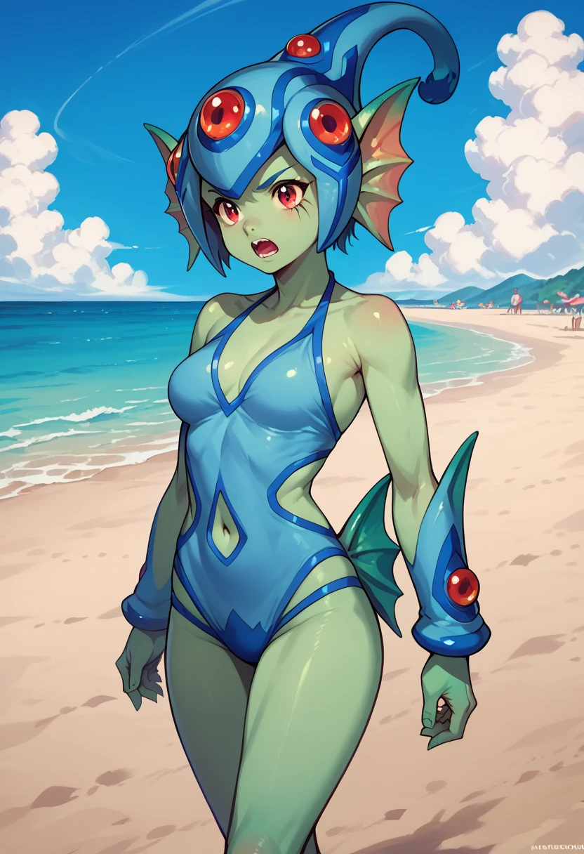 score_9, score_8_up, score_8, 1girl, skinny  girl, cute round face, small, young, short green hair, yellow eyes, anorexic, sexy, seductive, medium breasts, red bikini, smug expression on face, sand background, beach, looking at viewer, thighs, standing, tentacles around body