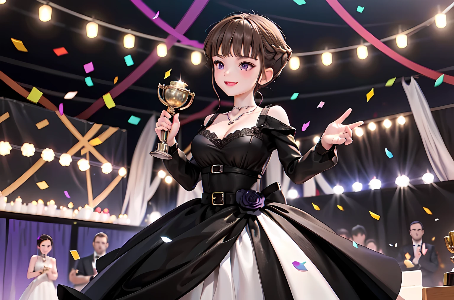 (moment of award), Thank You,  short hair ,  braid hair,  brown hair,  purple eyes , 1 girl, Alone, (award ceremony), woman, luxury dress, black costume, spotlight that can cast shadows, applause, smile, necklace, jewelry, (holding a trophy), ((award Trophy)), (confetti), celebration, stage,