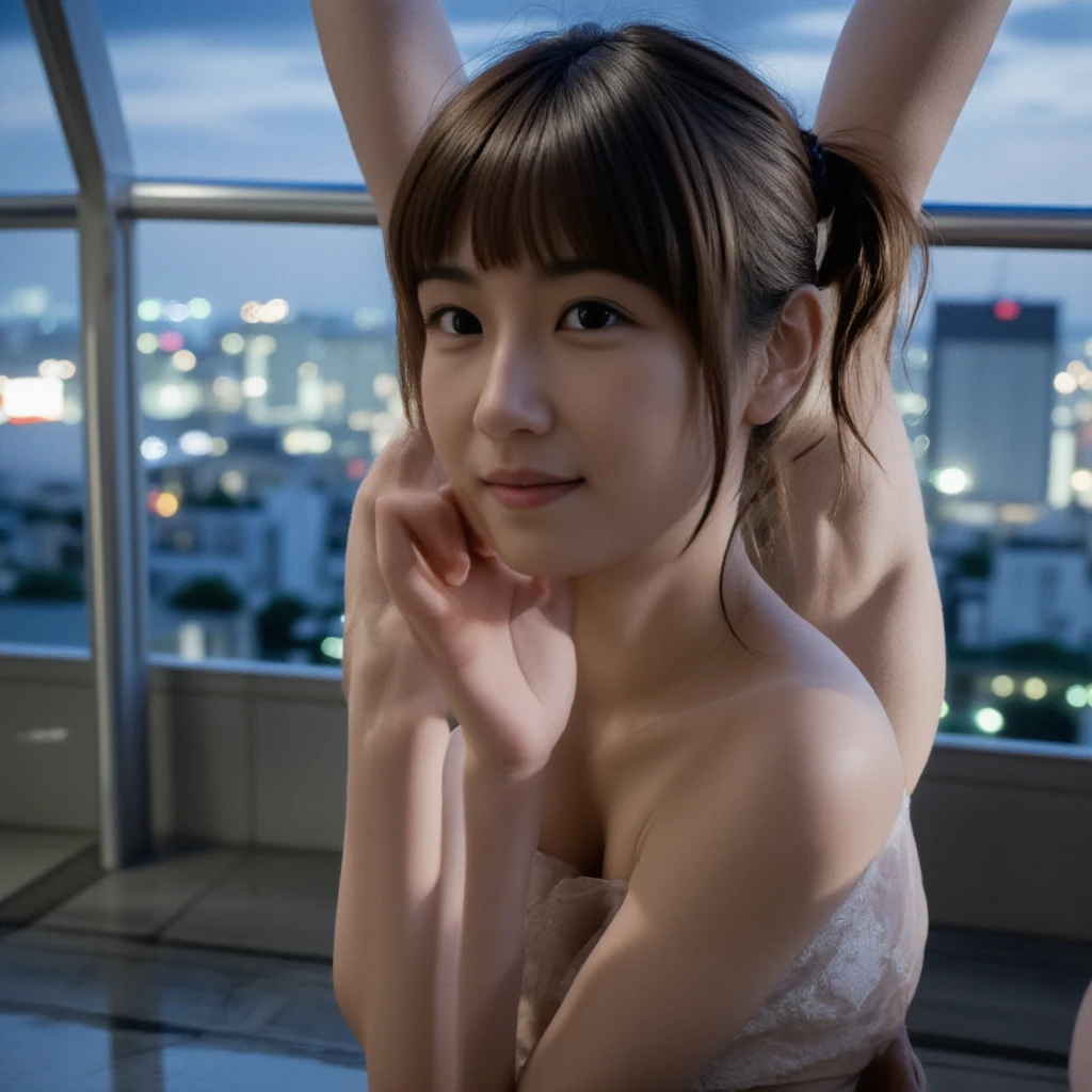  highest image quality taken by Ki、 best quality 、 Highest Resolution 、  Masterpiece 、 portrait、 from the side 1 girl , Alone,  very sexy  (  long ponytail), ( sexy underwear ), ((Tiny underwear), detail eyes with dark dark hair,  detailed face , On the balcony, (Panties are visible), 優しいsmile, ,  shallow depth of field, Low light, (Completely naked).( look viewer:1.3),((The white and silver patterned panties are visible))、 super low rise panties、(( lace panties visible)), ((( gal makeup))), (masterpiece:1.3,  best quality ,  ultra high definition,  very detailed), ( realistic:1.1, photo realistic:1.4), beautiful illustrations ,  perfect lighting、  colorful ,  written border depth ,  beautiful detailまでこだわった髪,  beautiful detailのある顔,  beautiful detail,  cameltoe 、 beautiful collarbone,  beautiful body, Beautiful breasts,  beautiful thighs in a book  ,  beautiful legs and tail ,  Beautiful Fingers  , browse viewers,  1 girl,  Japanese ,  22 year old girl、、smile、  Perfect Face, ( COMPLETE ANATOMY ,  anatomically accurate ),  Cute Symmetrical Face , baby face, Detailed white skin,  with asymmetrical bangs , Dark Eyes,  long eyelashes, (Small box)、  Very slim figure  、(beautiful city view), (かわいいsmile, Blank in a Book 、  Upward Glance  ,  open your mouth), (( exquisitely designed , gorgeous and  colorful  adult shorts,  high resolution panty portrait,  very detailedパンティの描画))),(( shot from the front )), one woman, 