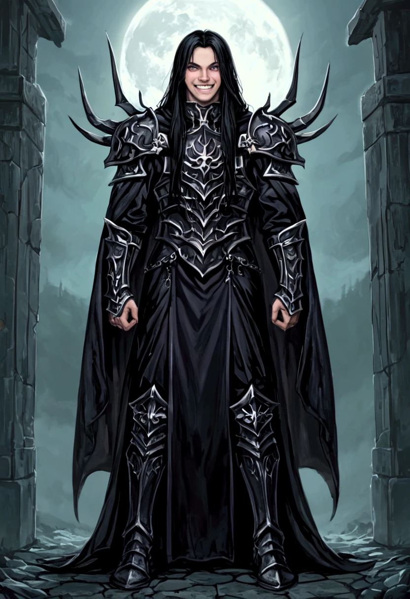 1boy +juvenile features +gothic theme +unnaturally pale skin +manic grin +teeth +sharp teeth +smile +purple eyes +wide eyes +black hair +long hair +black robe +hooded robe +black metal shoulder-pauldrons with gothic motifs +black metal armor +black metal greaves +black metal gauntlets +black metal boots +triumphant pose +grave yard +tombstones +moon light +night +desecrated graves