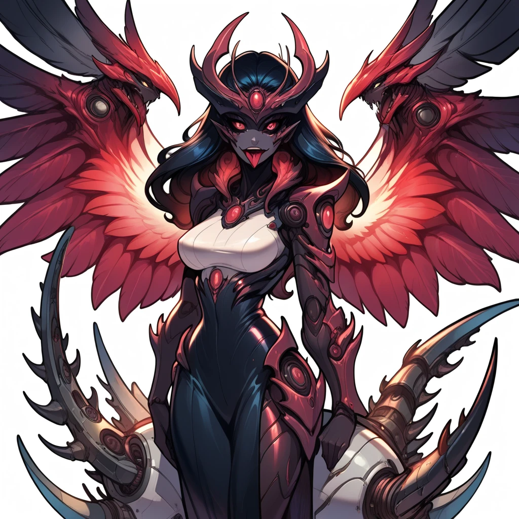 score_9, score_8_up, source_anime,wrenchsmechs, female, mechanical eyes, black hair, long hair, mechanical legs, demon, black skin, white background, feathered wings, slit pupils, black sclera, medium breasts,reiq,bioluminescence, epic, amazing, masterpiece,gradient skin, barbed tongue, gr1mc
