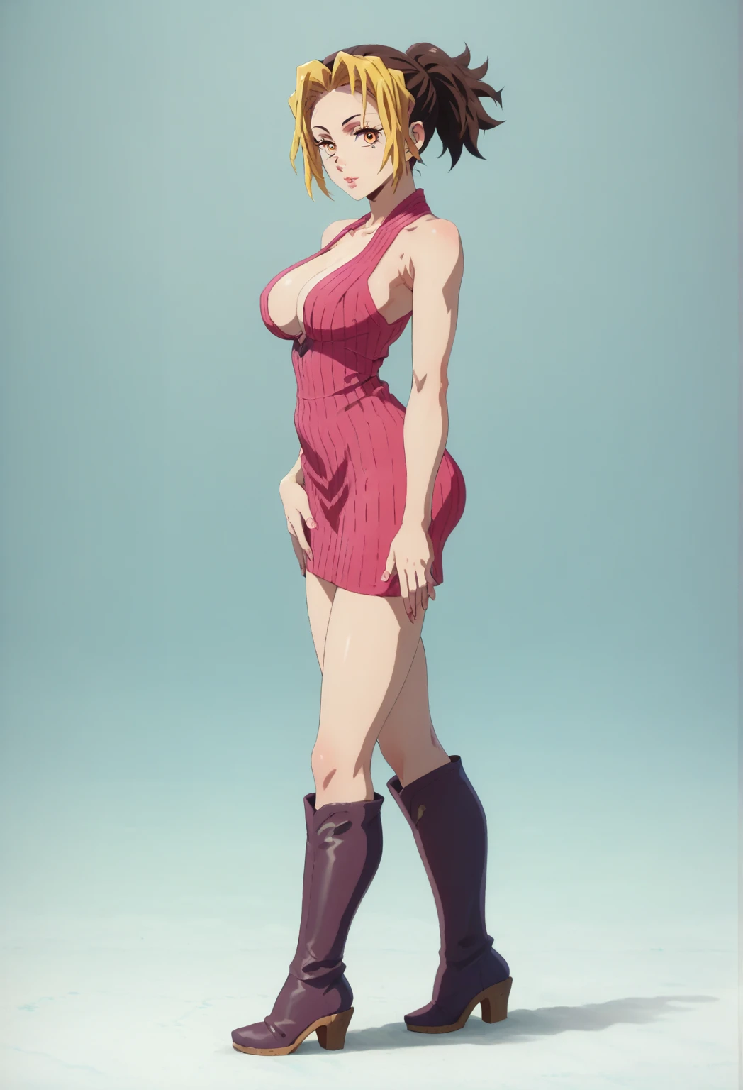 neckline, 1 girl, Alone, mujer adulta, makio, tied hair,  yellow eyes,  pink lips,  half-open lips,  slim body,  perfect body ,  full body, Big breasts, perfect breasts, (((tiny red dress, high boots))),  room,  looking at the spectator,  seductive pose,  multicolored hair,  blond hair ,  brown hair, standing,  beautiful body, sexy body,  sexy legs  