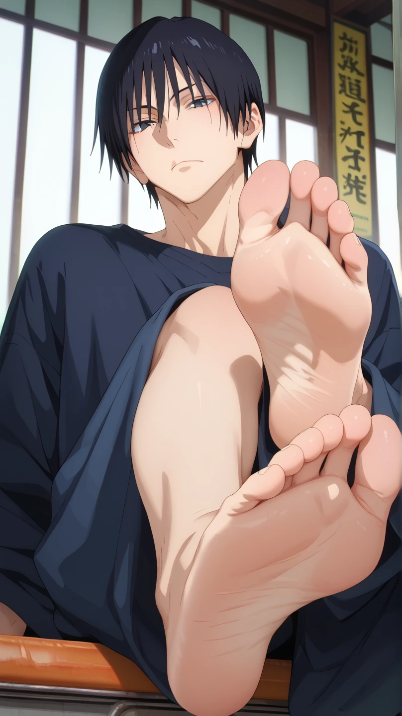 score_9, score_8_up, score_7_up, source_anime, looking at viewer, , depth of field, 1boy, solo, bare feet focus, touji_fushiguro, black hair, black eyes, short hair, hair between eyes, bangs, , , Touji is displaying his bare feet (soles) towards us and in front of us while he is sitting on a chair. His bare feet are close to us (focusing on his soles)(close up on soles)