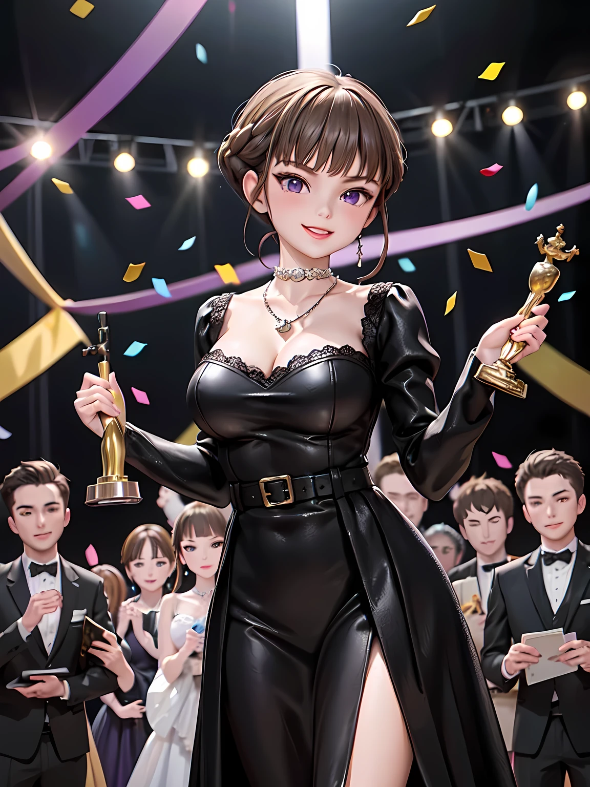 (moment of award), Thank You,  short hair ,  braid hair,  brown hair,  purple eyes , 1 girl, Alone, (award ceremony), woman, luxury dress, black costume, spotlight that can cast shadows, applause, smile, necklace, jewelry, (holding a trophy), ((award Trophy)), (confetti), celebration, stage,