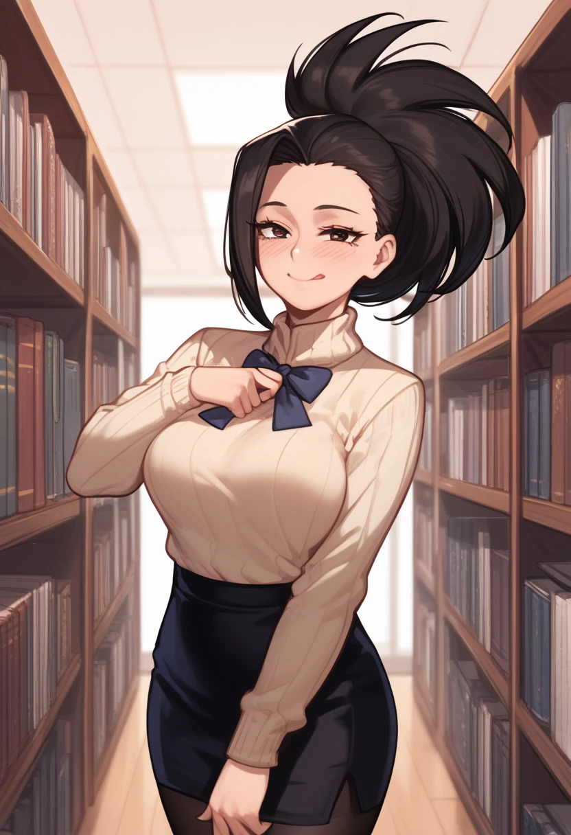 ( mature woman),  fair skin , (( character: Momo Yaoyorozu from Boku no Hero)),  pretty face, ((naughty face)), chest, sweater shirt,  pantyhose , Sensual, (pencil skirt), ( blushed face),  highest quality , standing pose, (Bottom: inside a library)