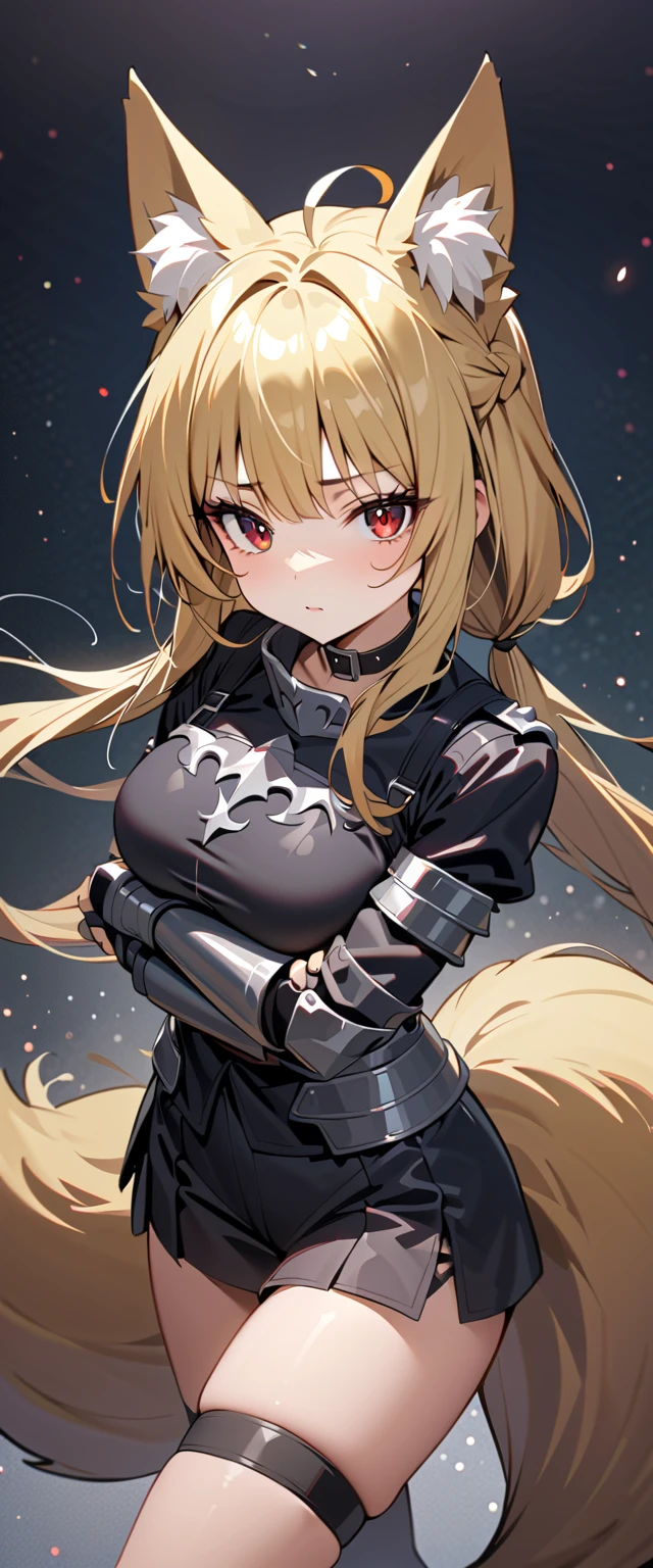 (high-quality, breathtaking),(expressive eyes, perfect face) 1girl, female, solo, maomao, cowboy shot, medium full shot, blonde hair color, long hair, extremely long twintail hairstyle, alluring red eyes, Large breasts, fox ears, fox tail, small Ahoge, Knight Attire, Armor on arm, Sword and shield, black shorts, looking towards viewer, HD, High quality image, dusty particles floating around, black choker, black collar with spikes, goth girl, goth aesthetic, small gauntlet
