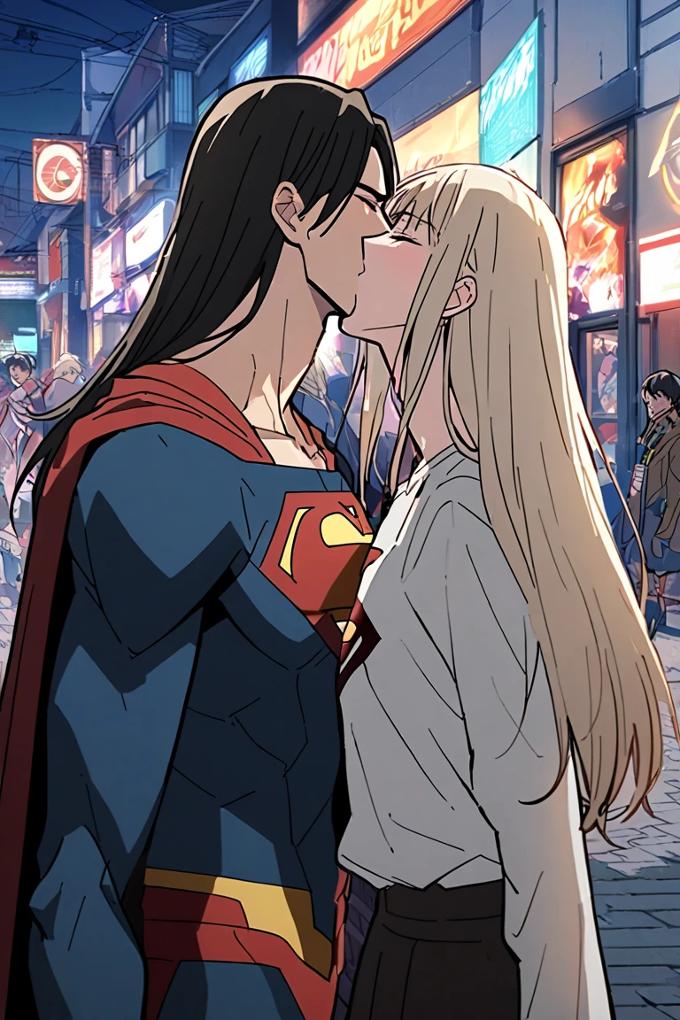 (   top quality), (   top quality), (   top quality), (Mikazuki Munechika) Backstreets, 18 years old beautiful Japanese young man with a cool and handsome face,    Superman Costume, 18 years old,    Slender Macho Man , 190cm,  long hair,    long bangs  ,Being kissed by a beautiful young man.