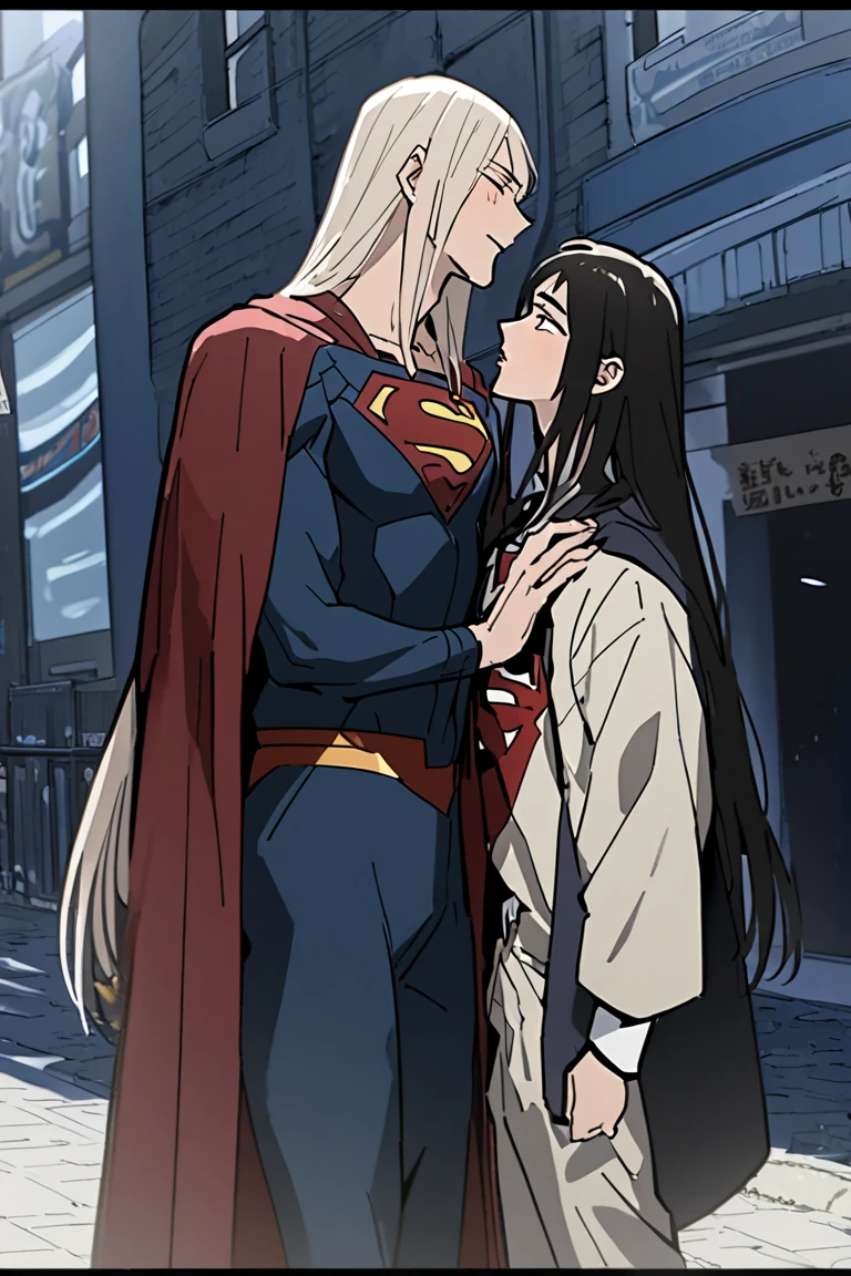 (   top quality), (   top quality), (   top quality), (Mikazuki Munechika) Backstreets, 18 years old beautiful Japanese young man with a cool and handsome face,    Superman Costume, 18 years old,    Slender Macho Man , 190cm,  long hair,    long bangs  ,Being kissed by a beautiful young man.